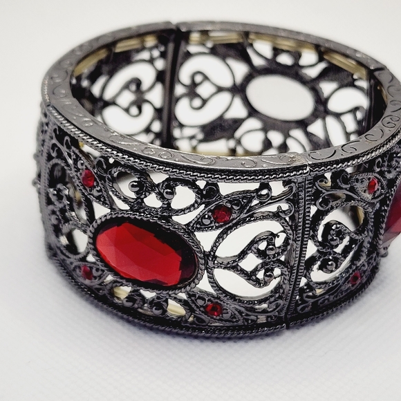 None Jewelry - Gun Metal Bracelet with Red Gems and Gorgeous Details